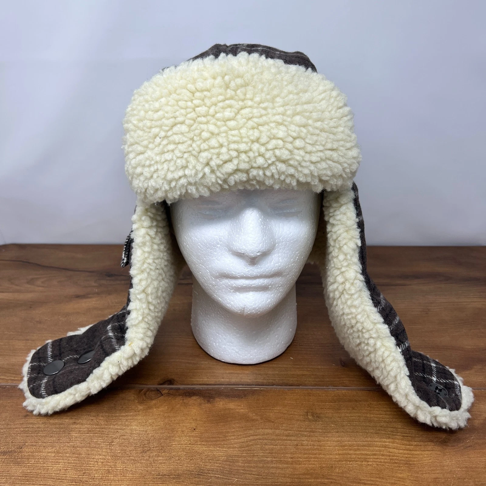 Stetson Trapper Winter Hat Brown Plaid Wool Blend Faux Sherpa Fleece Lined XL