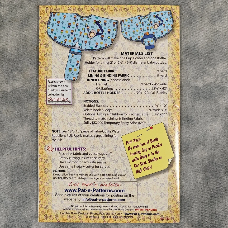 Pat-e-Patterns Bottle-in-a-Bib Sewing Pattern #00014 Baby Bib Bottle Holder 2010 - Image 2 of 3