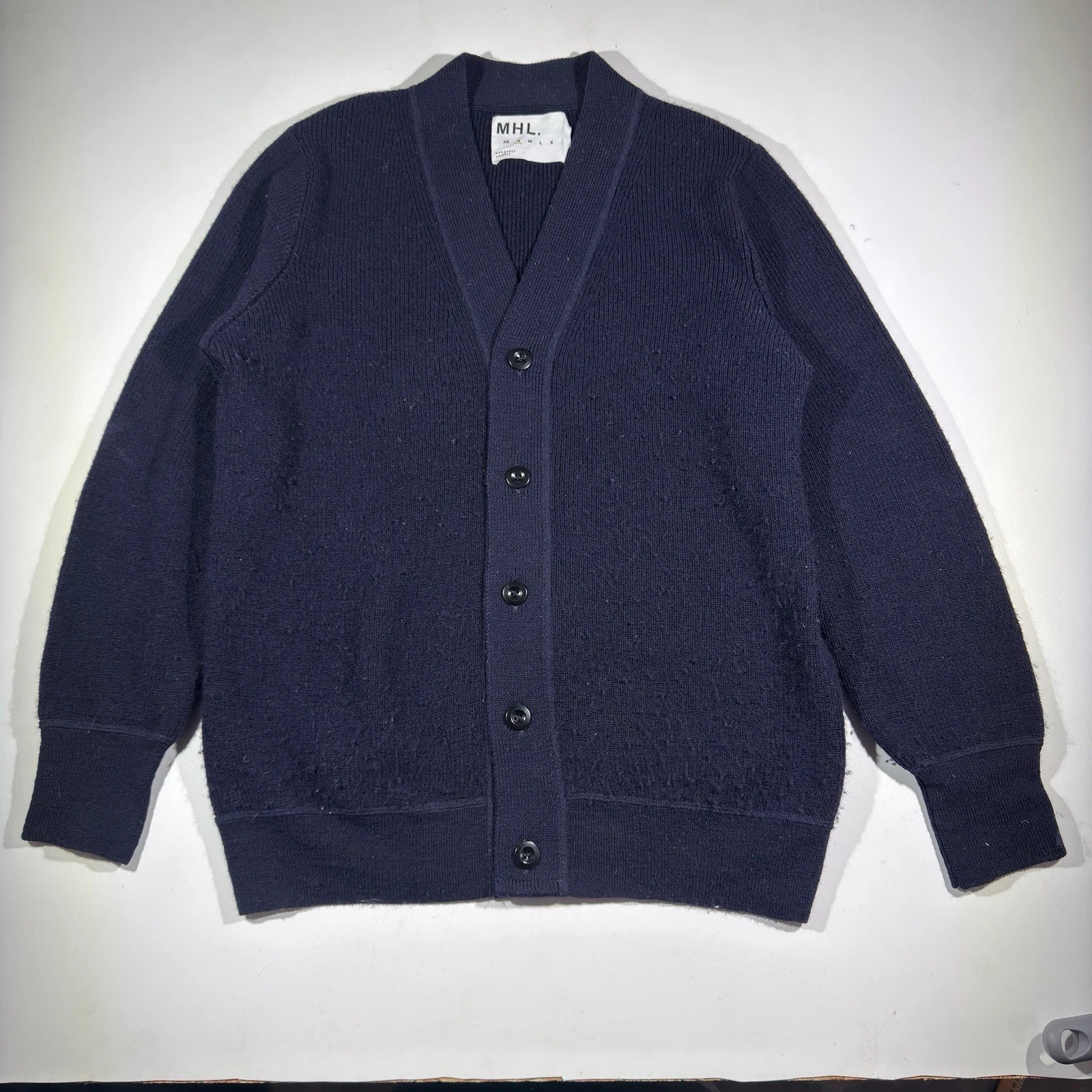 Margaret Howell (MHL.) Men's Cardigan S Navy Blue Marino Wool V-Neck Cardigan