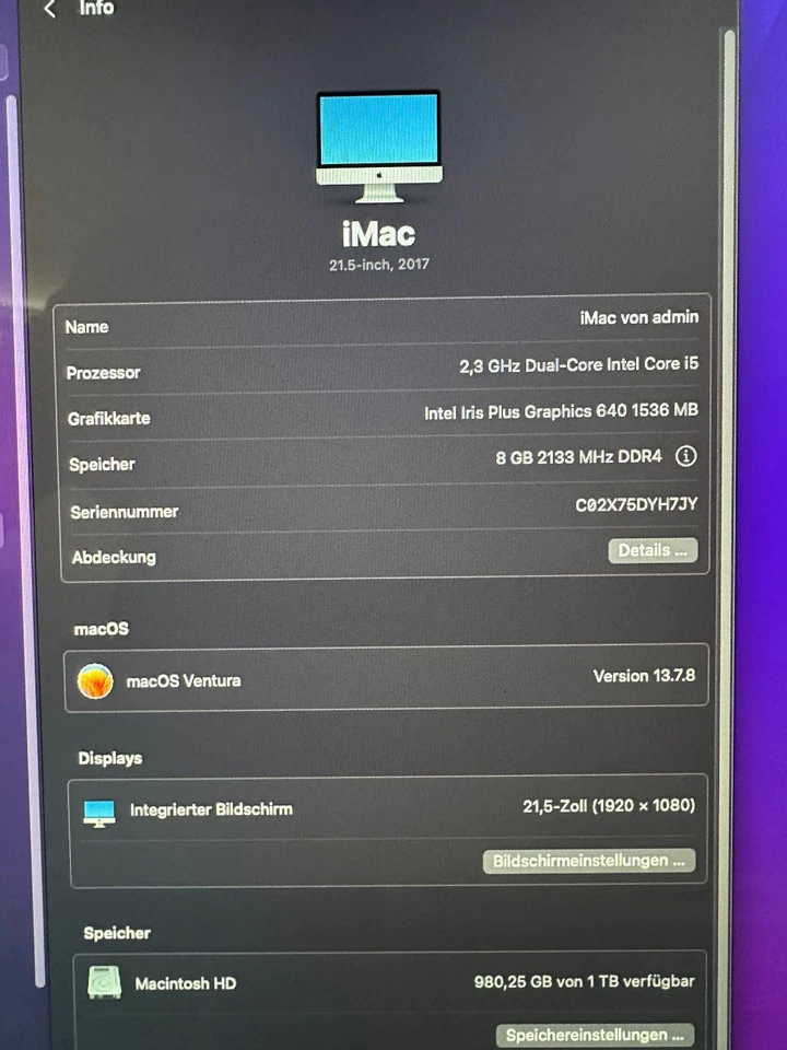 Apple iMac 21,5 Zoll Intel Core i5 2,3 GHz 8 GB RAM 1 TB HDD Modell-Jahr 2017 - Bild 3 von 3