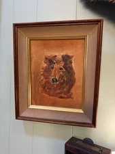 Vintage Midcentury Modern Collie Dog Painting On Canvas Wood & Gold Frame Signed