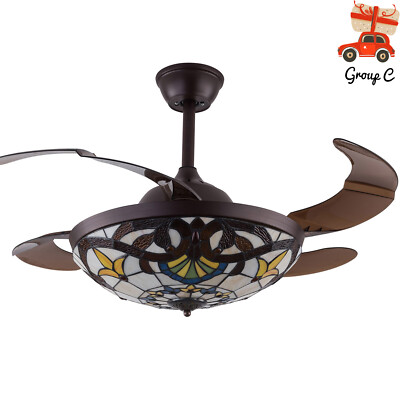42'' Tiffany Ceiling Fan with Light LED Chandelier Remote Retractable Blades USA
