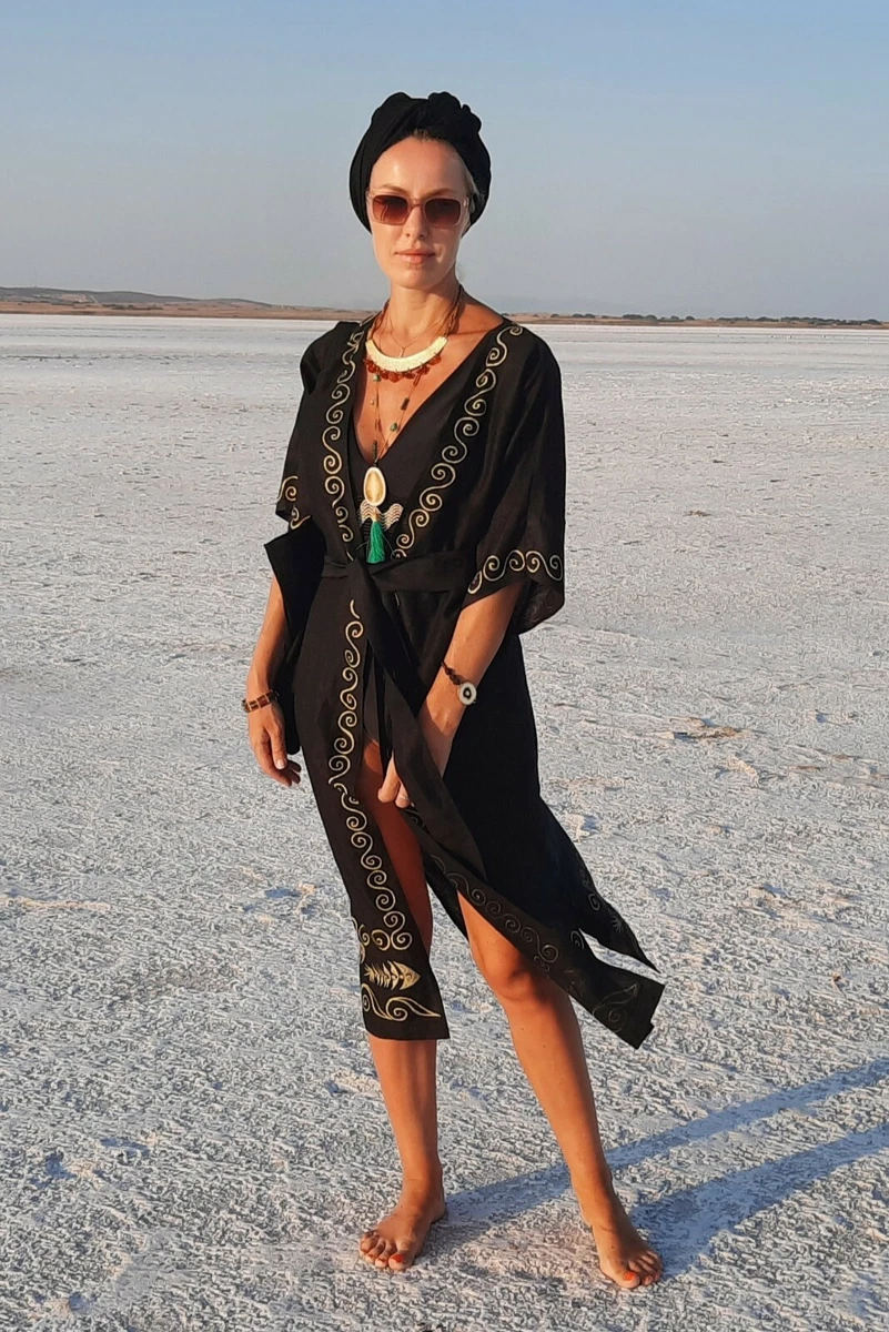 Black Gold Linen Elegant Long Maxi Greek Kaftan Dress Beach Wear