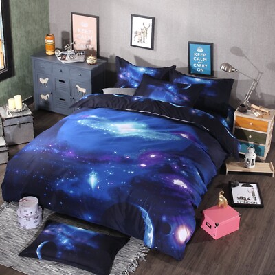 3D Kosmischer Sternenhimmel Muster Blau Quilt Cover Set Bettwäsche Sets Kisse...