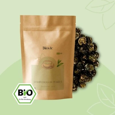 Jasmin Dragon Pearls Bio Grüntee blumige zart Koffein Japanisch Teegenuss Biovic