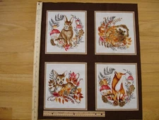 Rabbit Hedgehog Fawn Fox  Foliage & Fur (B) Cotton Quilt Fabric Panel Blocks (4)