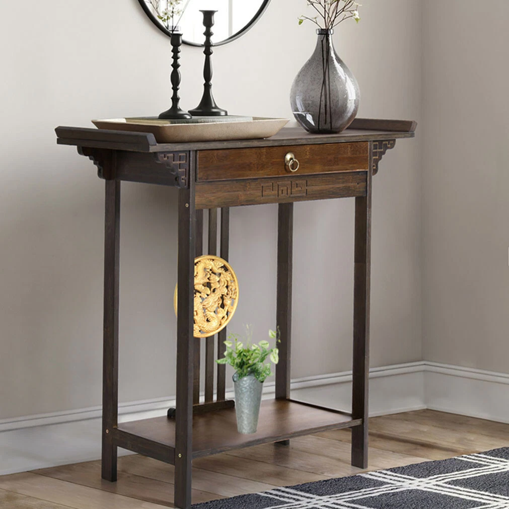 32.09 Retro style Entryway Console Table Bamboo 2 Tiers Drawer Storage Shelf