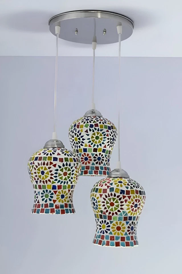 Lámpara de techo marroquí de mosaico turco colgante 3 lámparas linterna de luz colgante Foto 2 de 4
