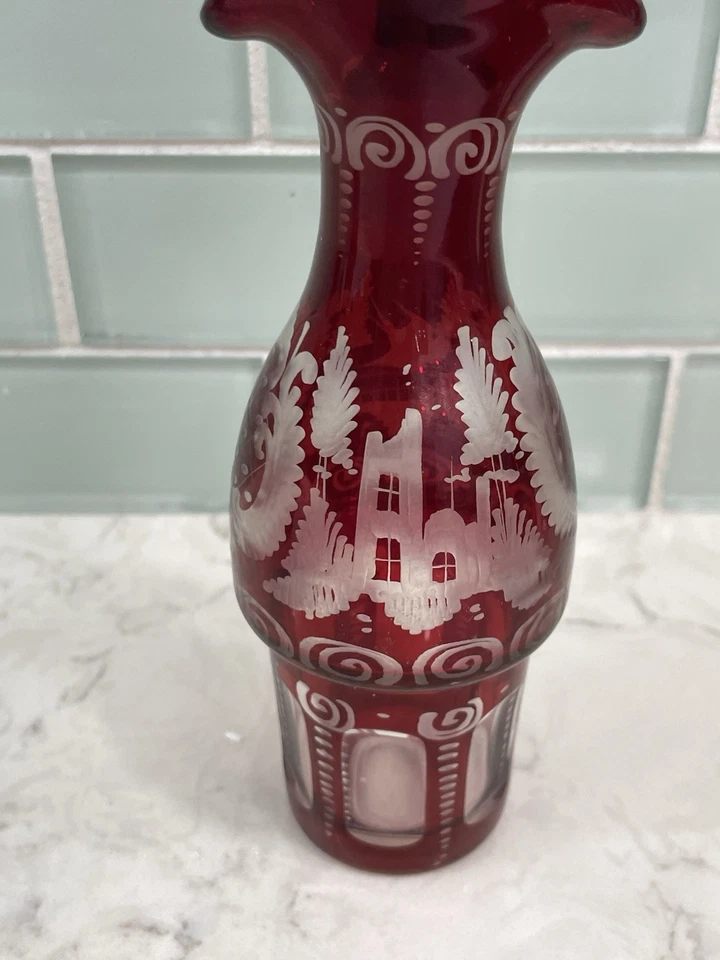 PAIR! BOHEMIAN ART GLASS RUBY STAINED & CUT DECANTER CASTLES DESIGN W/ STOPPER - Image 4 of 4