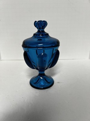 Vintage Viking Glass Blue Epic Six Petal Covered Mint Jar Candy Dish MCM