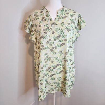 Hayden Womens Large Yellow Green Floral Short Flutter Sleeve Blouse Split Neck
