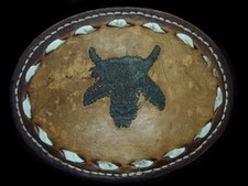 TD07132 VINTAGE 1970s  CATTLE HEAD  LEATHER WESTERN  COWBOY BELT BUCKLE