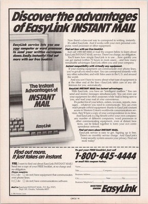 Western Union EasyLink Instant Mail 1984 Vintage Print Ad Computing