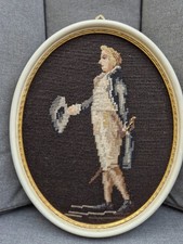 Vintage Gobelin Bild Stickbild Stickerei gestickt Oval Holz Rahmen