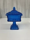 Vintage Jeanette Glass Pedestal Candy Box Dish Blue Lidded Collectible