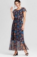 A New Day Navy Red Floral Ruffle Sleeve Tie Neck Waist Tie Maxi Dress Sz XS