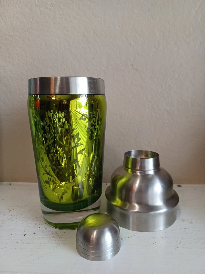 "Coctelera de vidrio verde festivo desplazamiento metálico borde y tapa de acero inoxidable, 9""" Foto 2 de 4