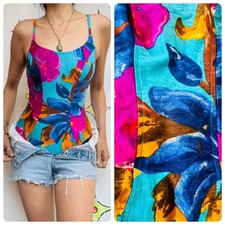 Vintage 70s/80s One-Piece Swimsuit - Rainbow Floral Hawaiian Print - Size 16
