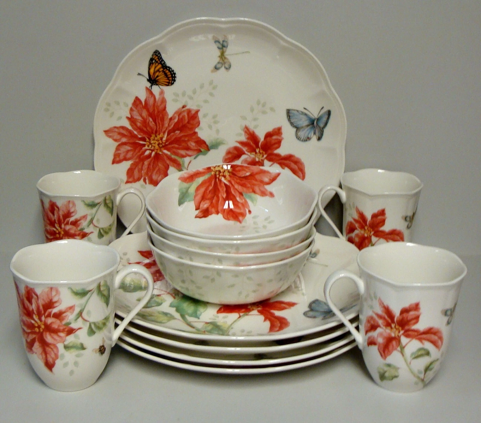 ECCO Lenox FARFALLA PRATO VACANZE POINSETTIA 12 pezzi set QUATTRO IMPOSTAZIONI più qui
