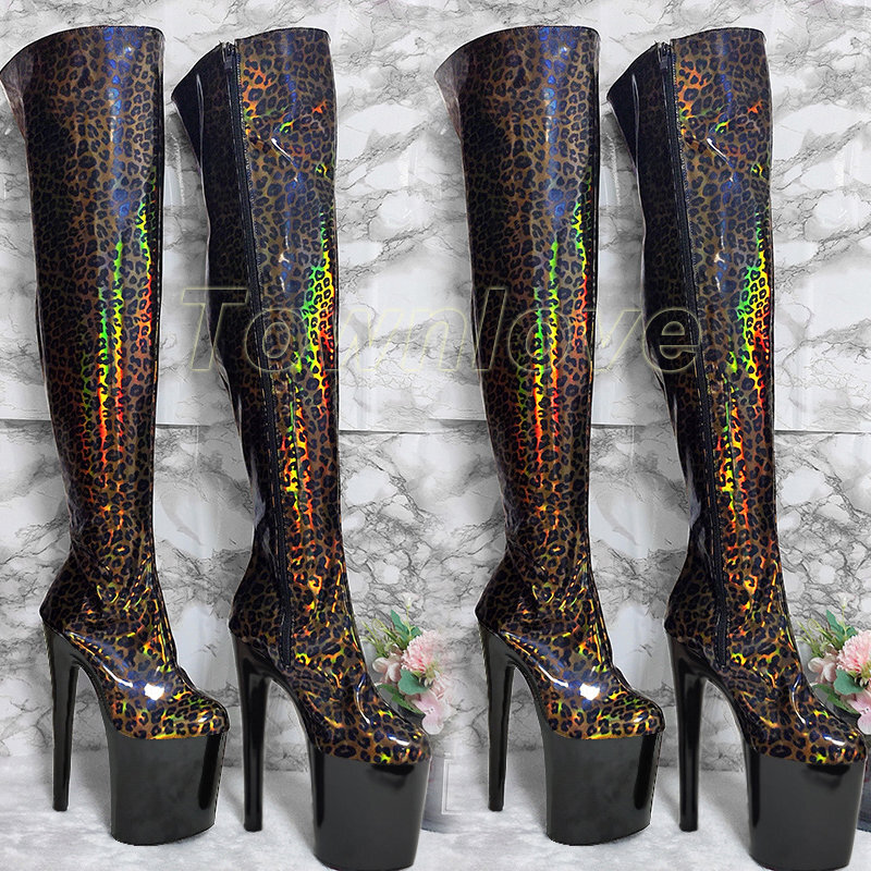 Mujeres Holo Leopardo Bota Larga Baile Baile Stripper Tacones Cremallera Lateral Plataforma Bota