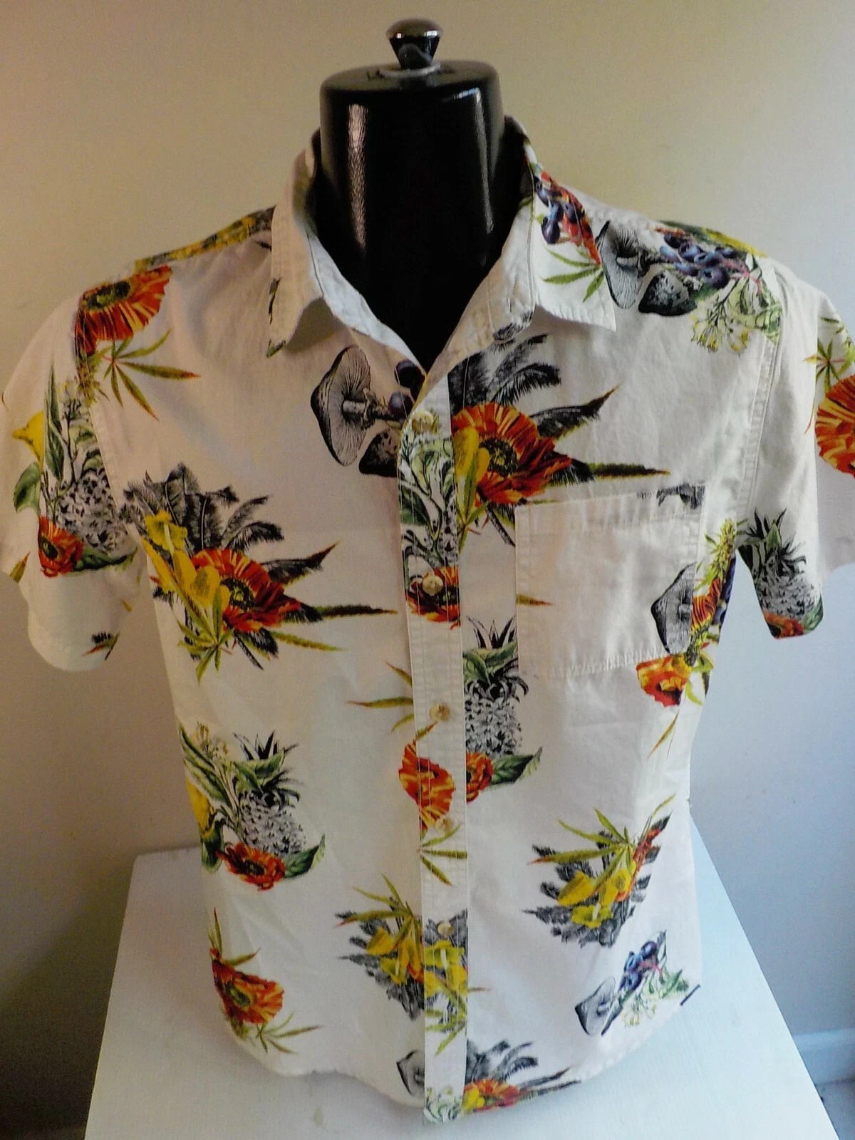 ON THE BYAS Short Sleeve Hawaiian Shirt-Cotton-Ivory/Orange/Green-SZ MD