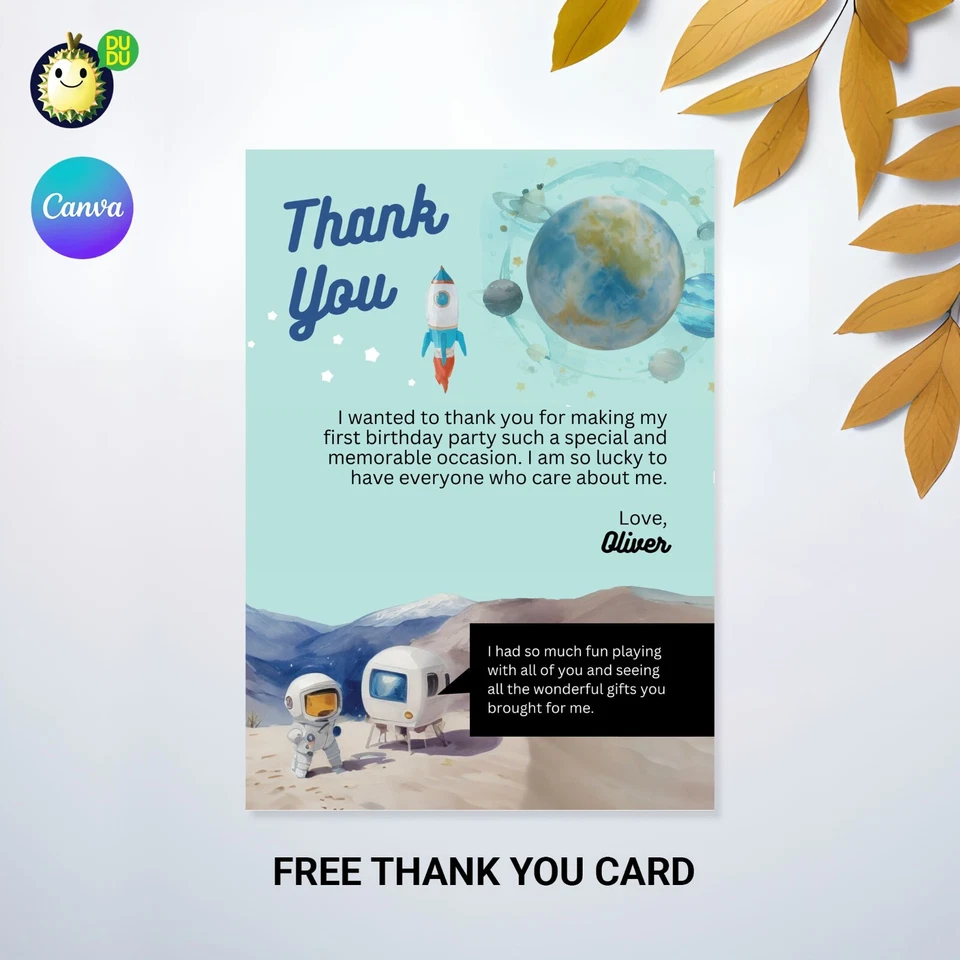 Tarjeta de cumpleaños espacial EDITABLE invitación con tarjeta de agradecimiento gratuita, astronauta e vite Foto 3 de 4