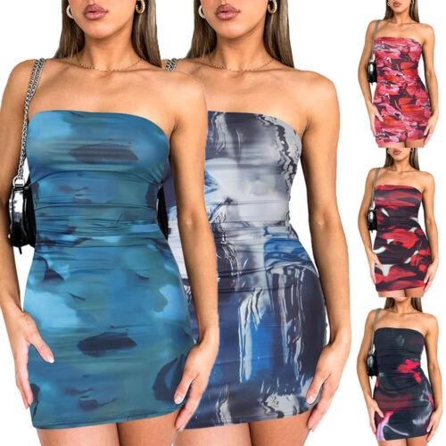 Women's Boob Tube Dress Strapless Bodycon Mini Party Floral Dresses ⚝ - Picture 2 of 31