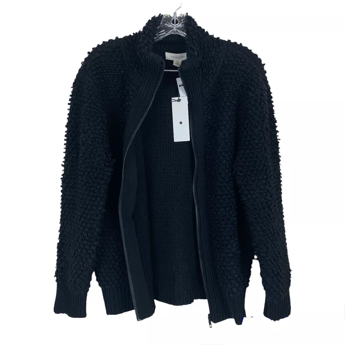 Treasure & Bond Women's Loop Yarn Cardigan Black Jacket Sweater Zip XS New