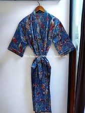 Indian Cotton Long Kimono Blue Bird Printed Women's Nightwear Robe Gown Dress