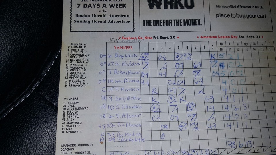 1973 BOSTON RED SOX vs NY YANKEES SCORE CARD SCORE SHEET YASTRZEMSKI