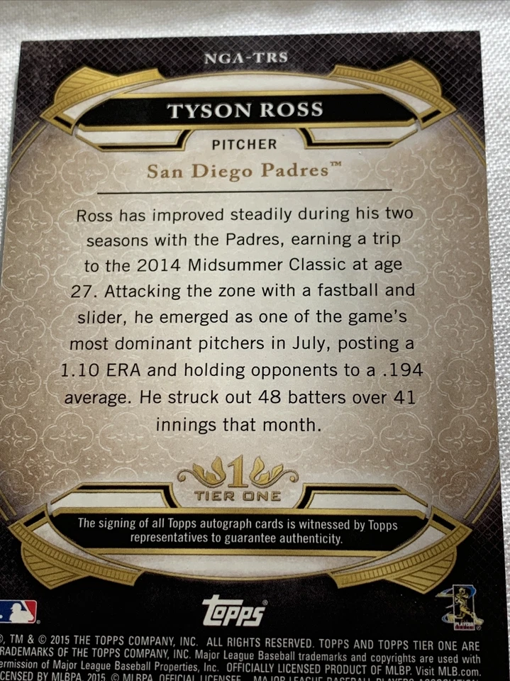 ТАЙСОН РОСС 2015 TOPPS TIER ONE НОВЫЙ ЗАЩИТНЫЙ АВТОГРАФ БРОНЗОВЫЕ ЧЕРНИЛА С АВТОГРАФОМ 18/25 PADRES - Изображение 3 из 3