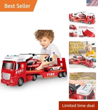 25.6" Semi Truck Toy with Racing Car and Helicopter for Kids Toddlers - Fire ...