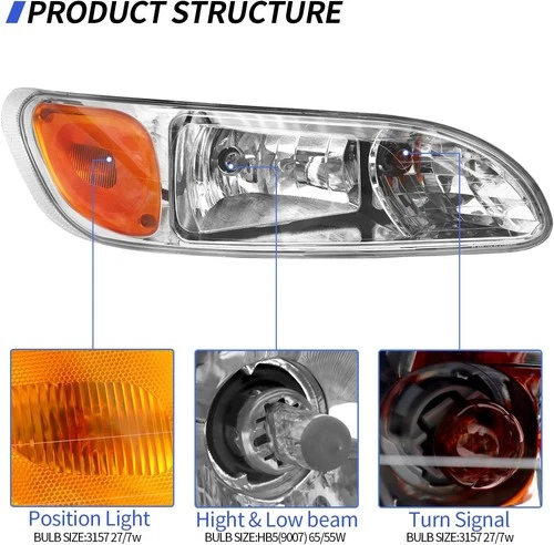 Pair Headlights For Peterbilt 2005-2015 330 325 335 337 340 348 Chrome with Bulb - Picture 2 of 10