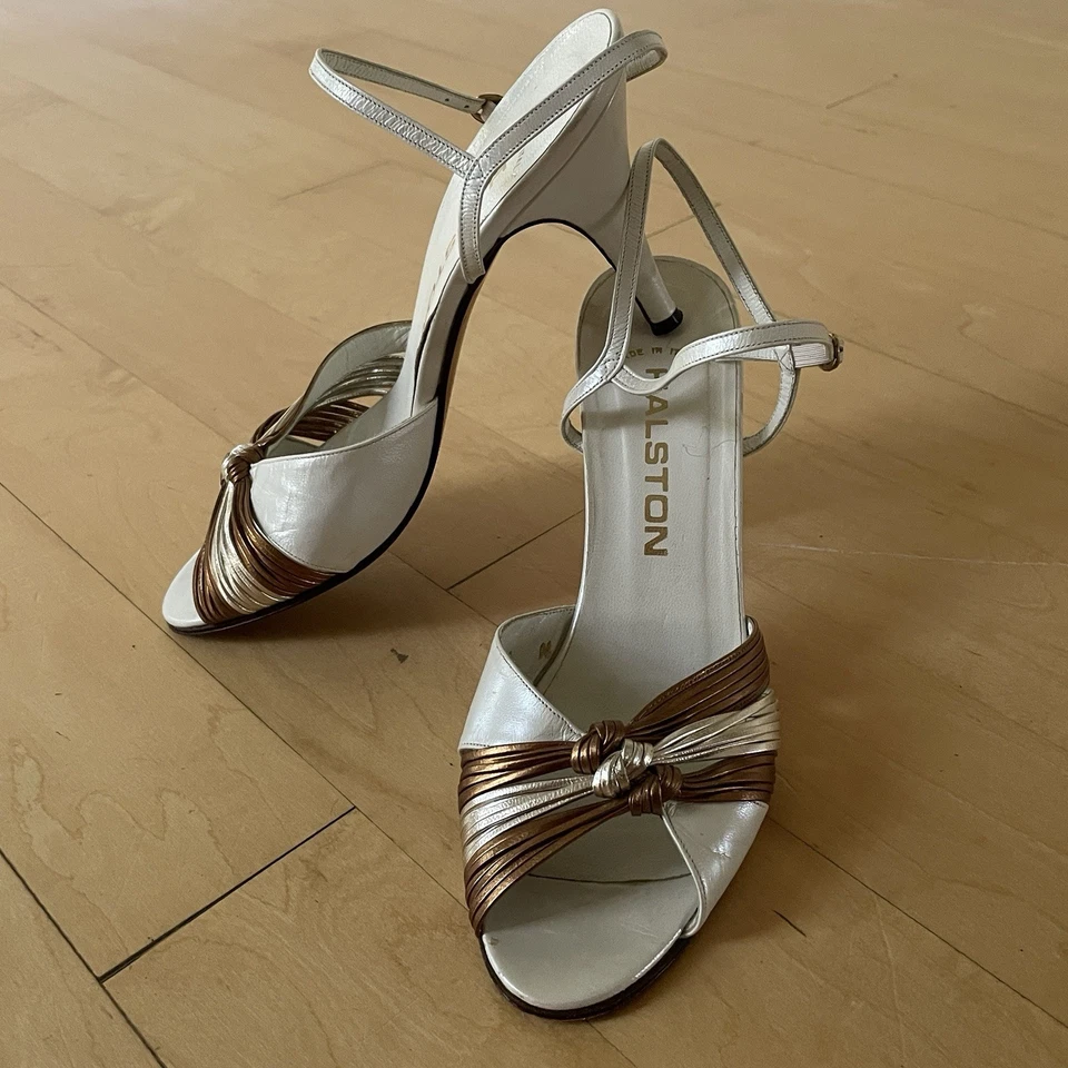 Vintage Halston Shoes High Heels Open Toe White Gold Made In Italy 7.5 - Image 2 of 4