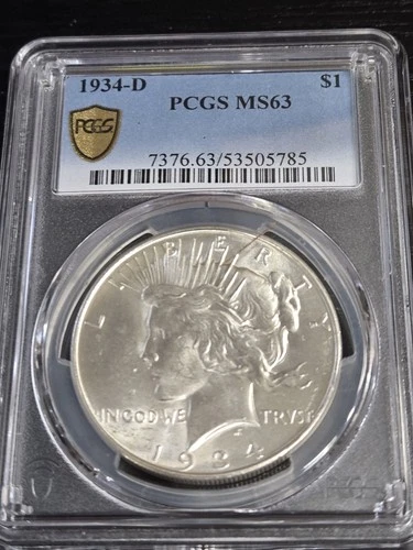 1934 D Peace Silver Dollar PCGS MS-63 ..fresh