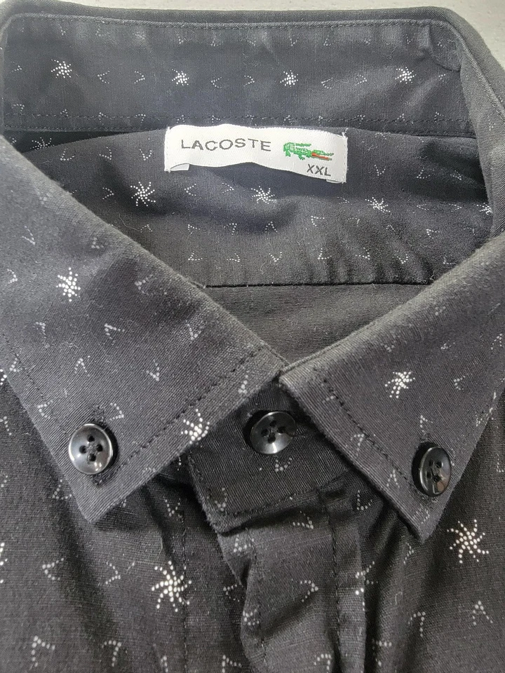 Camisa Lacoste Para Hombres 2XL Negra Gris Micro Estampado Botones Manga Larga Logo Cocodrilo Foto 3 de 4