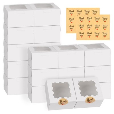 24pcs White Cookie Boxes, 4x4x2.5 Inches Bakery Boxes with Window, for Mini Cake