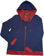 Ralph Lauren Sport Hoodie Women Full Zip Blue Red Sweatshirt Drawstring Sz S/P