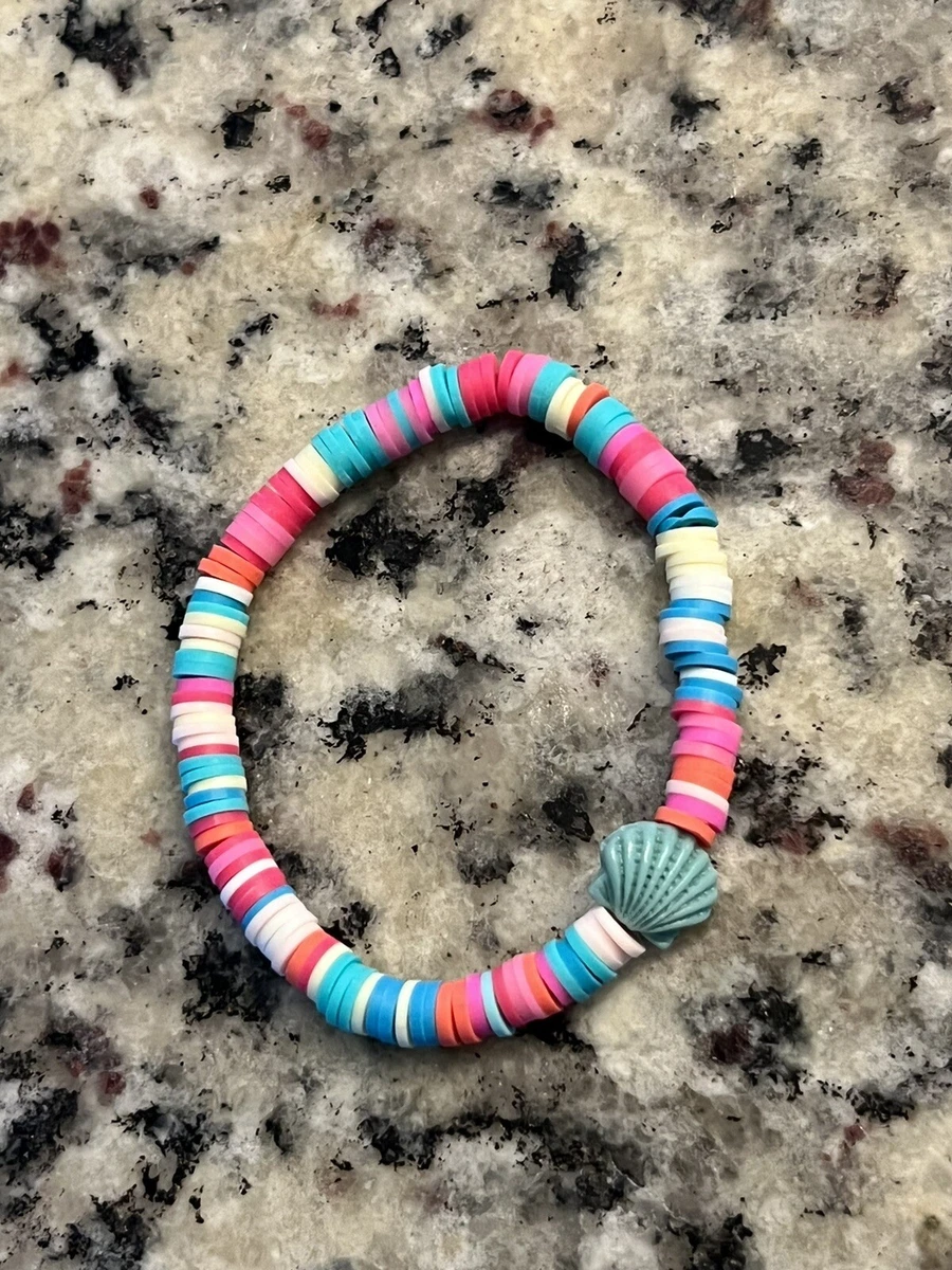 Heishi Clay Bracelet Stretchable Beads Beaded Boho. Aqua Pink Shell Bracelet