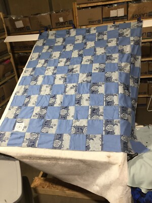 VTG 58'' X 71'' Handmade Patchwork Rag Quilt Lap Throw Light Blue White Boats Sea