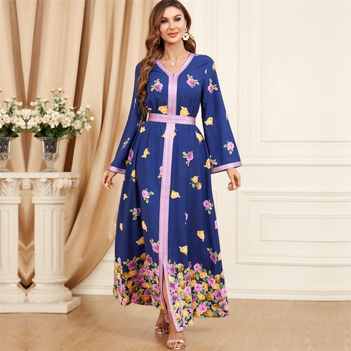 Muslim Floral Kaftan Islamic Women Maxi Dress Ramadan Dubai Caftan Moroccan Gown - Picture 95 of 216
