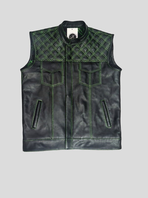 Men's Genuine Leather Black Green Paisley Diamond Quilted Biker Hunt Club Vest