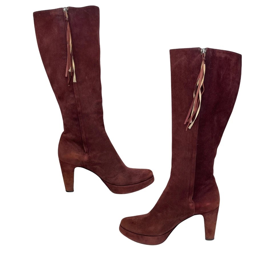 Pollini Womens Maroon Lush Suede Tassel Tall Heel Double Zip Tall Boot Size 6.5 - Image 3 of 4