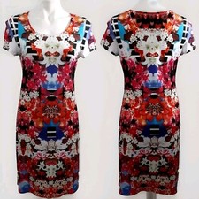 Fresh of LA Floral Print Short Sleeve Sheath Dress Large Scoop Neck Stretch Cozy