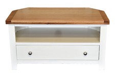 White TV Cabinet Solid Oak Pine Corner Unit with Drawer Fully Assembled