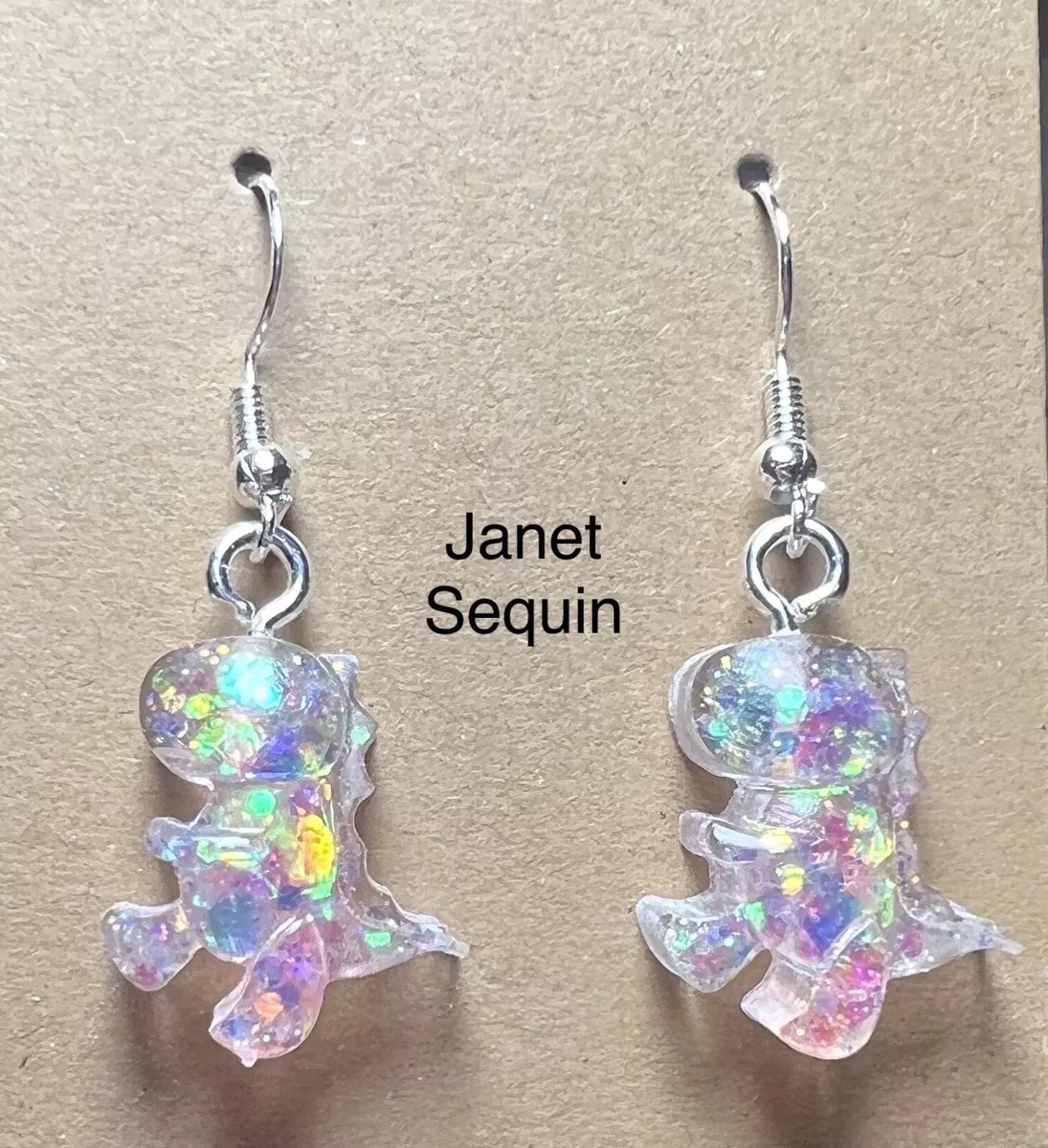 Handmade Dinosaur Resin Drop Earrings Pink Janet Sequin Glitter T