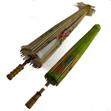2 Vintage Chinese Parasol Umbrellas Hand Painted Green  White