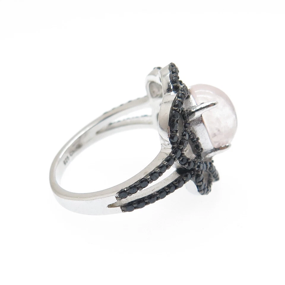 Anillo Floral Plata Esterlina 925 Cuarzo Rosa Real y Espinela Negra Talla 5 Foto 4 de 4