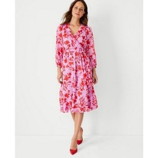 Ann Taylor Floral Ruffle Faux Wrap Dress Wize 4P Petite Pink Multi