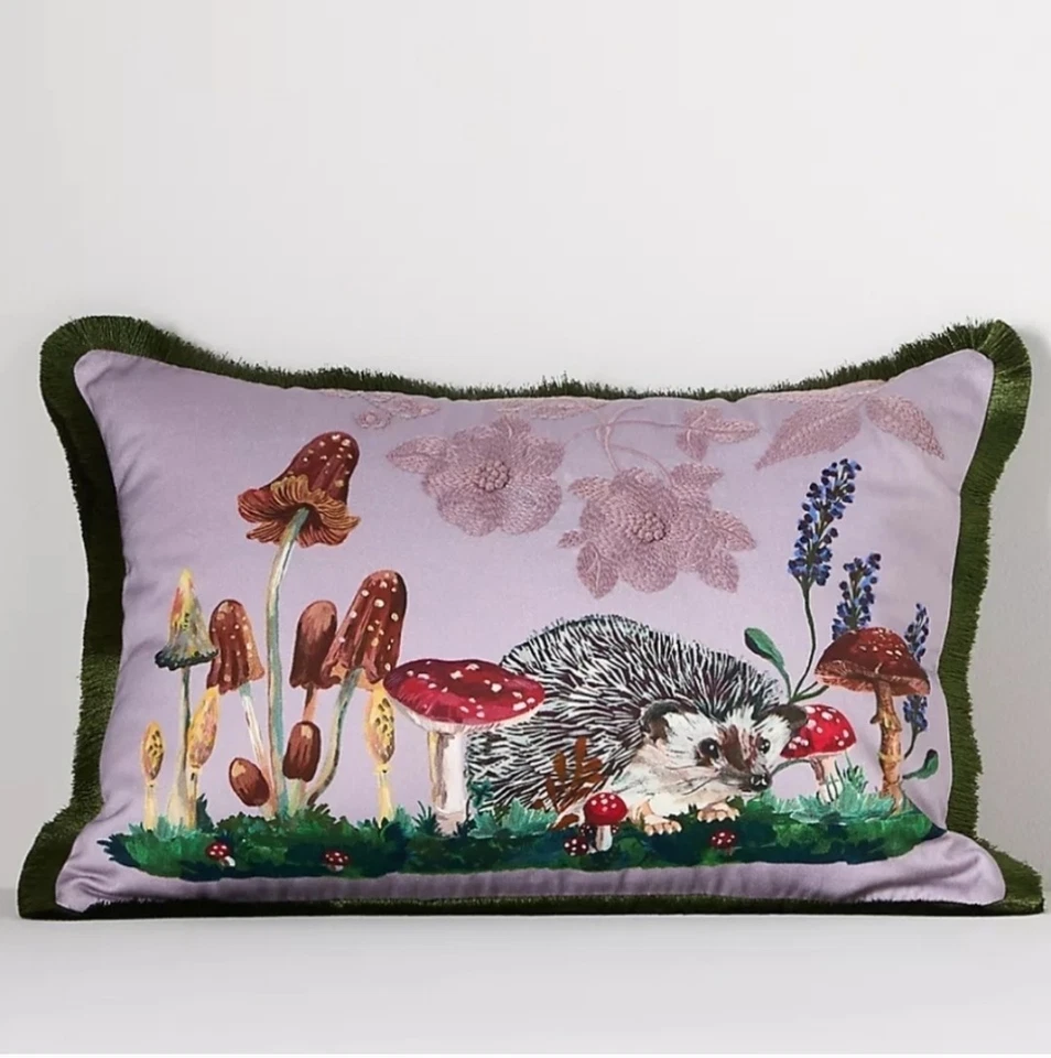 Anthropologie Nathalie Lete Embroidered Pillow Hedgehog Mushroom Pink 14×20 NWT - Image 2 of 4